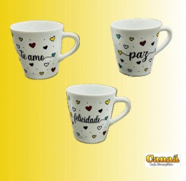 Caneca branca porcelana 120 ml (palavras variadas com coraes), cada