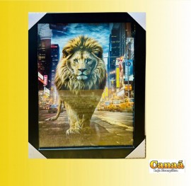 Quadro madeira com vidro , moldura retro preto ( Le�o na cidade  ), cada