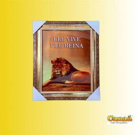 Quadro de vidro com moldura em madeira 26x30 ( Ele vive ele Reina, Le�o deitado) 