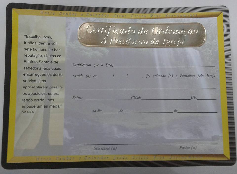 Certificado de Ordenação a Presbitero da igreja,cada 