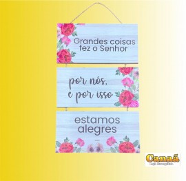 Quadro decorao corda com 3 placas de madeira (grandes coisas fez o Senhor), cada