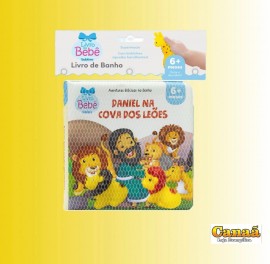 Kit Livro de banho Daniel na cova dos lees com  2 animaizinhos de borracha , cada