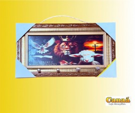 Porta chave moldura dourada de madeira com vidro ( Pai|Filho|Espirito Santo fundo cruz c�u laranja)