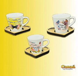 Caneca porcelana de 120 ml  frases bblicas variadas com pires em MDF 