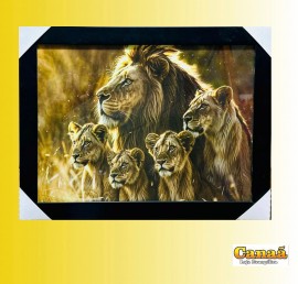 Quadro madeira com vidro , moldura retro preto ( Le�o / Leoa e 3 filhotes ),cada