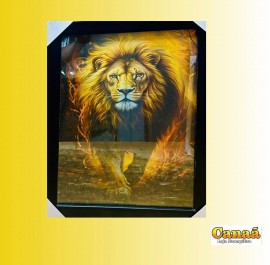 Quadro madeira com vidro , moldura retro preto ( Le�o  pegando fogo ), cada