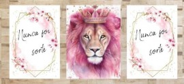 Quadro trio Mdf (Nunca foi sorte sempre foi Deus/ Leo rosa fundo branco)