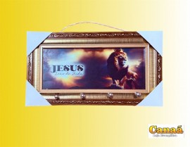 Porta chave moldura dourada de madeira com vidro ( Jesus le�o de Jud� , le�o com coroa e corpo inteiro na pedra) 