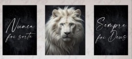 Quadro trio Mdf (Nunca foi sorte sempre foi Deus/ Leo branco fundo preto)