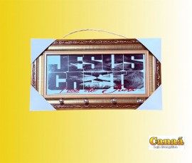 Porta chave moldura dourada de madeira com vidro ( JESUS CRISTO le�o de jud� fundo branco letra le�o cinza) 