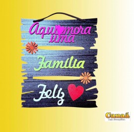 Placa decorada pintura NEON (Aqui mora uma famlia feliz), cada