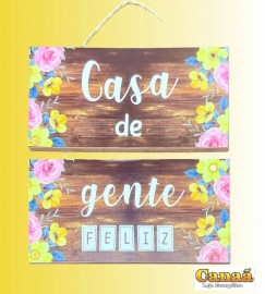 Quadro decorao corda com 2 placas de madeira (casa de gente feliz)