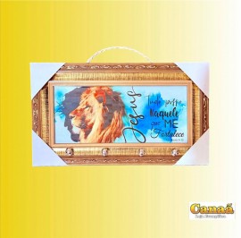 Porta chave moldura dourada de madeira com vidro ( sombra Jesus e Le�o/ JESUS/ tudo posso� fundo azulado)