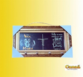 Porta chave moldura dourada de madeira com vidro ( Ele vive ele Reina)