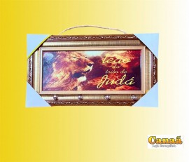 Porta chave moldura dourada de madeira com vidro ( Le�o da tribo de Jud� com rosto le�o lateral e nuvens alaranjada) 