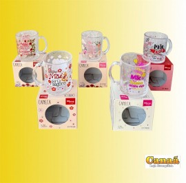 Caneca de vidro na caixa m�e 320 ml (estampas variadas), cada