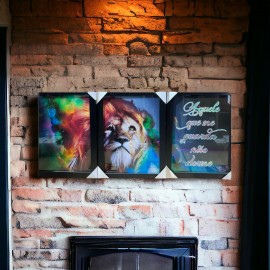 Quadro trio de  madeira com moldura, com vidro ( Le�o aurora boreal) 