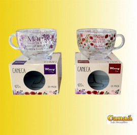 Caneca de vidro na caixa m�e 420 ml (estampas variadas) , cada