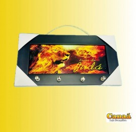 Quadro porta chave com moldura e vidro (Le�o de Jud� laranja em chamas)